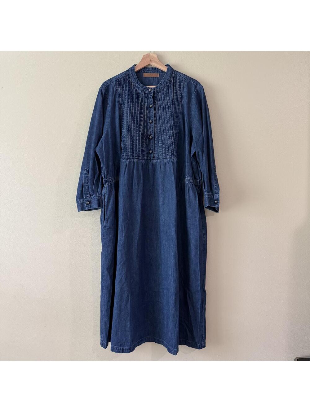 eShakti Blue Denim Pintuck Midi Dress Long Sleeve Button Front XL